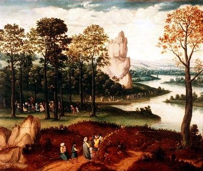 广阔的森林河流景观，有施洗者圣约翰的传教。 作者 Cornelis（后）Massys