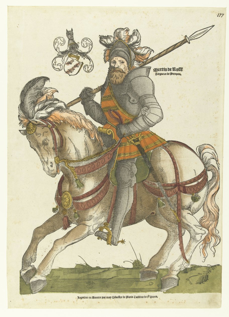 Portret van Maarten van Rossum te paard Martin de Rosse Siegneur de Peroyen (title on object) 作者 Cornelis Anthonisz。