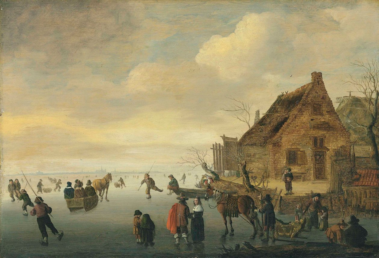 一幅冬季风景画，画中有马拉雪橇和在乡村冰湖上滑冰的人物 作者 Cornelis Beelt