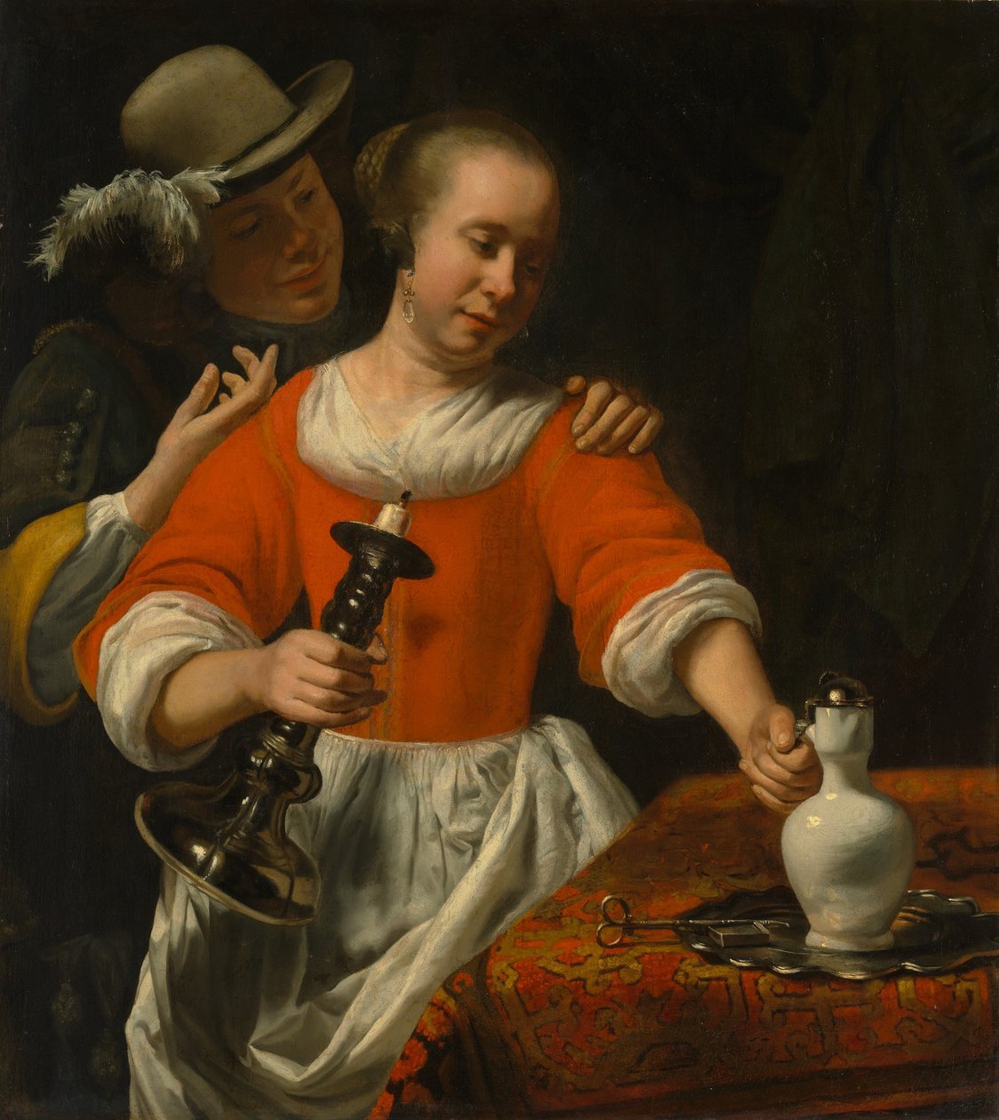 1660年代初期，一名年轻女子和一名骑士。 作者 科尼利斯·比绍普（Cornelis Bisschop）