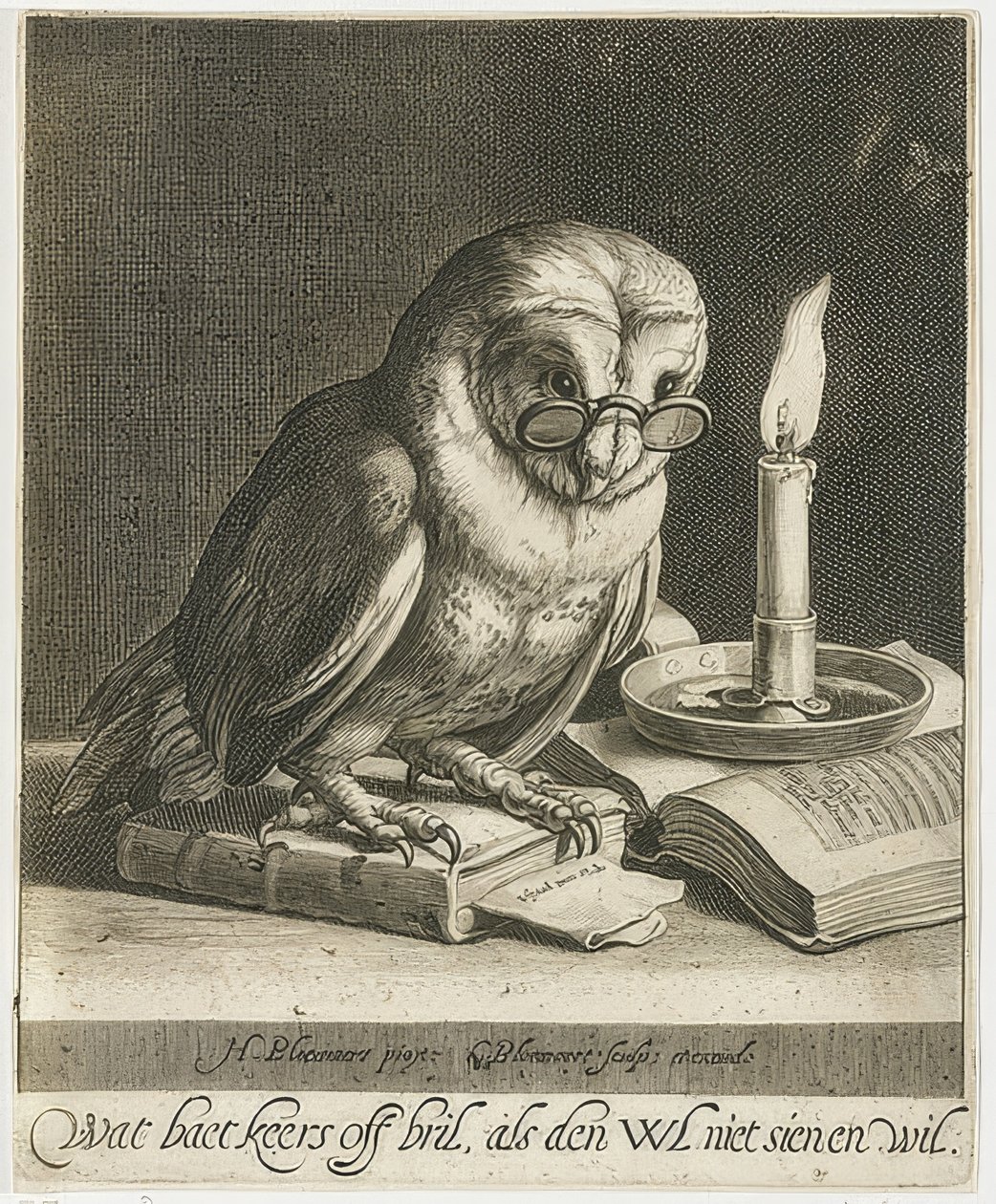 戴着眼镜和书籍的猫头鹰。约于1625年 作者 科尼利斯·布洛埃马特（Cornelis Bloemaert）