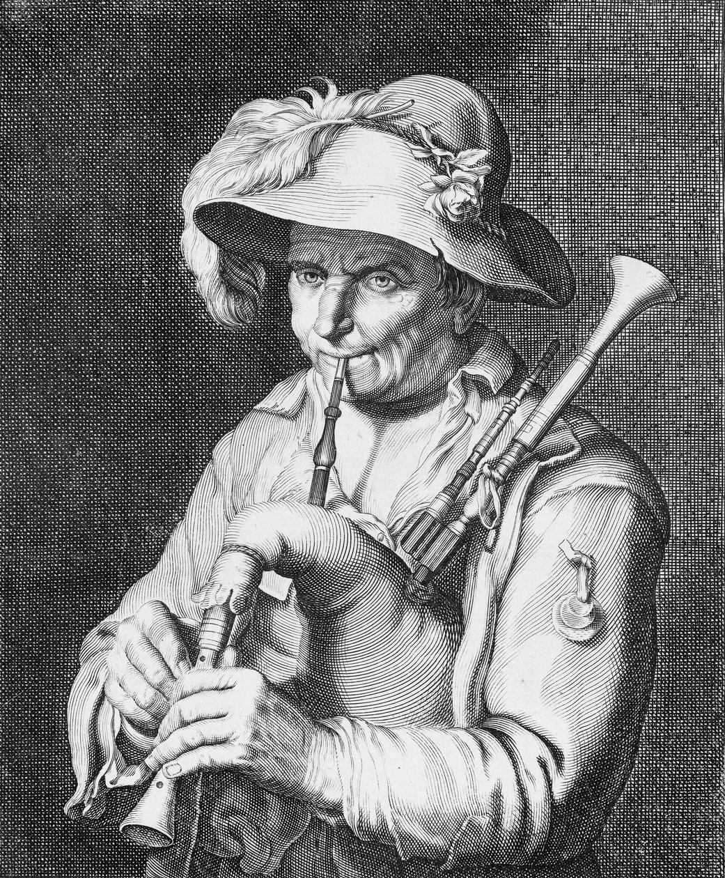 男子吹风笛，17世纪。 作者 科尼利斯·布洛埃马特（Cornelis Bloemaert）