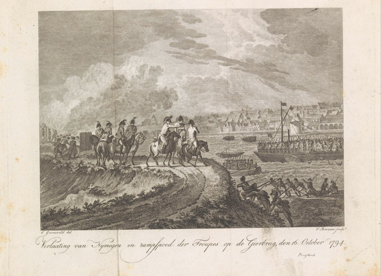 1794 年，法军炮击吉尔布鲁格河上的逃兵
1794 年 10 月 16 日，Nymegen 的失败和 Troupes 在 Gierbrug 上的灾难（标题见实物） 作者 科尼利斯·布劳威尔