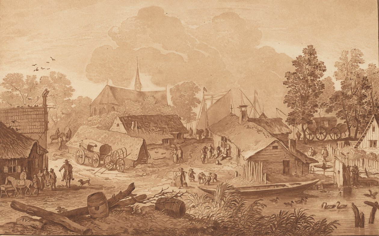 带池塘的村庄，约1782年。 作者 科尼利斯·布劳威尔