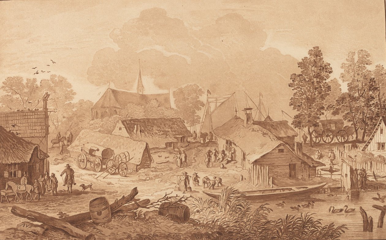 带池塘的村庄，约1782年。 作者 科尼利斯·布劳威尔