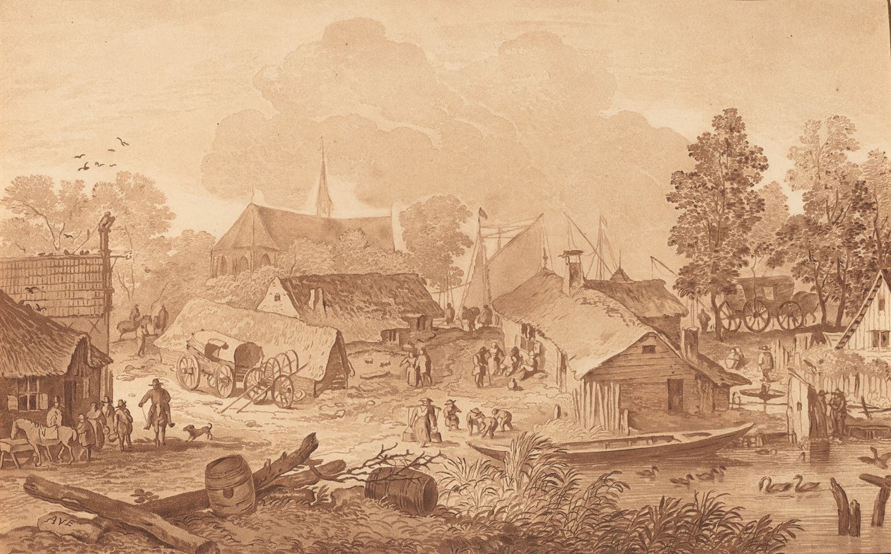 带池塘的村庄，约1782年。 作者 科尼利斯·布劳威尔
