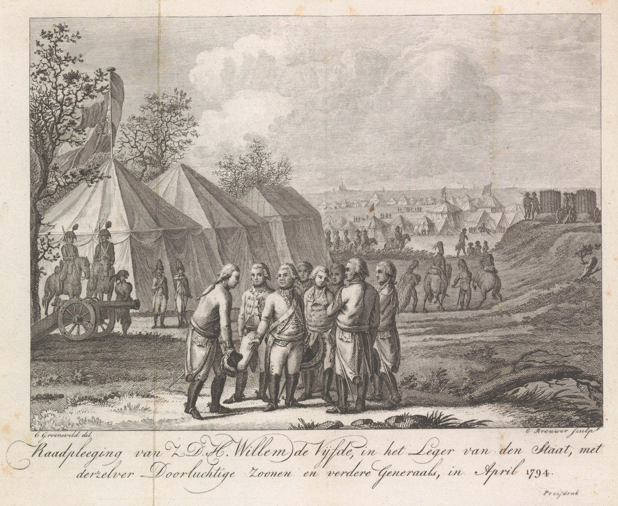威廉五世与他的儿子们在军营中，1794 年
1794 年 4 月，国军中的威廉五世殿下与他庄严的儿子们和其他将军们进行磋商（标题见实物） 作者 科尼利斯·布劳威尔