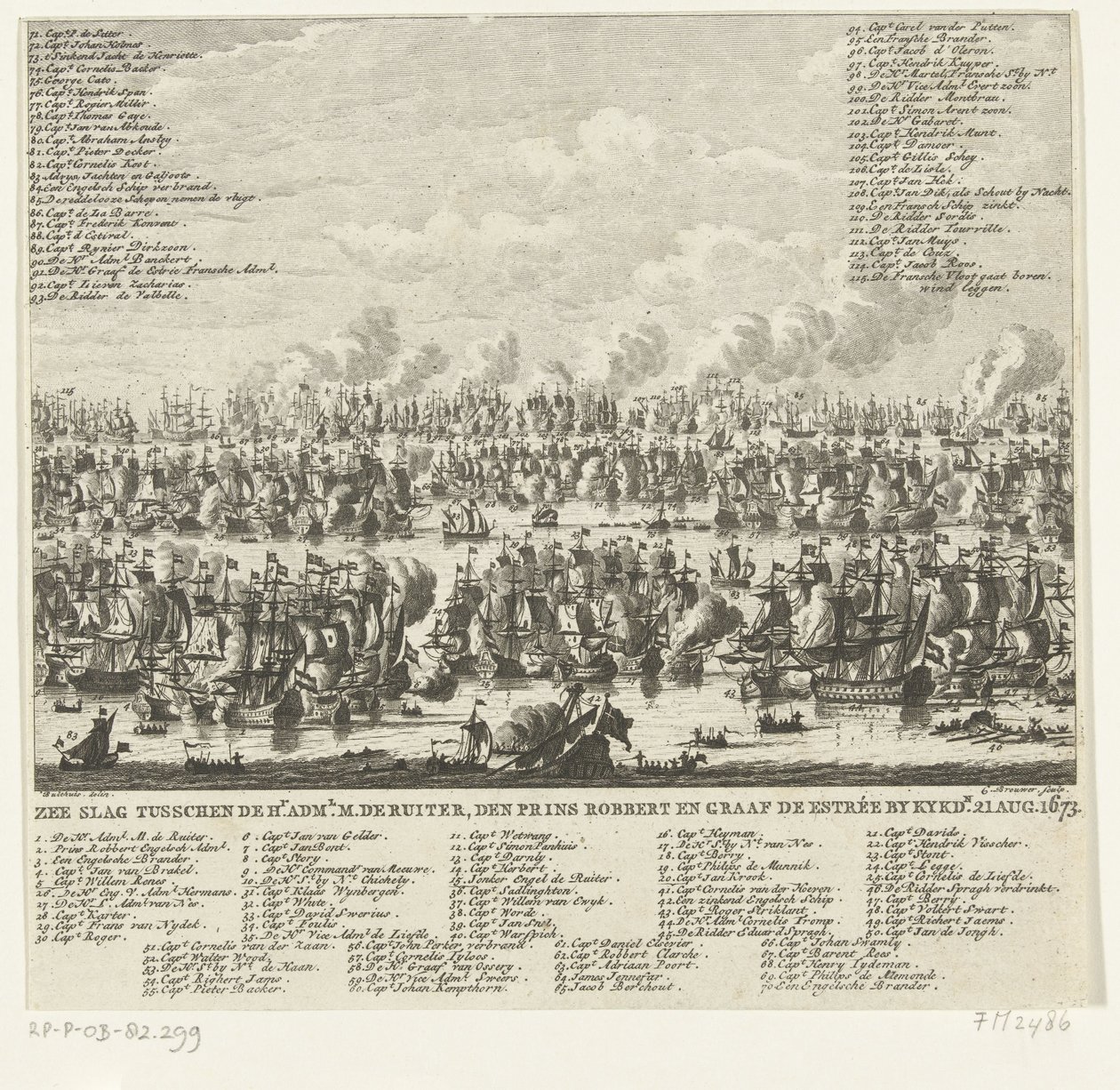 凯克杜因海战，1673 年
基克杜因海战M. de Ruiter、den prince Robbert 和伯爵 de Estrée 在 Kykdn.1673 年 8 月 21 日（标题见实物） 作者 科尼利斯·布劳威尔