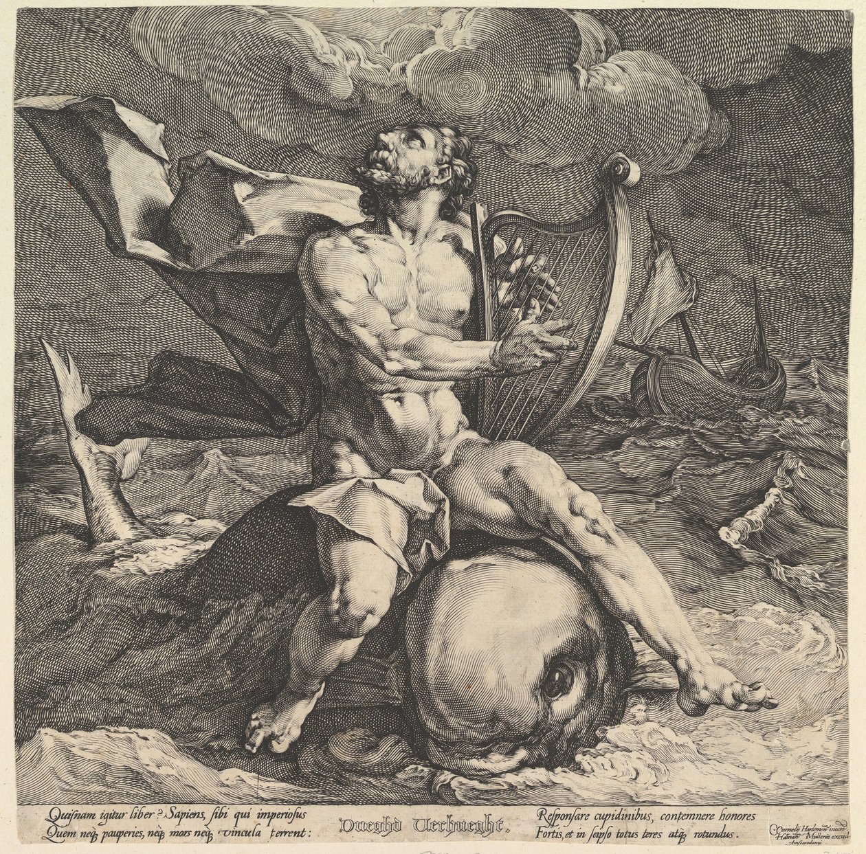 海豚上的阿里翁，约1599年 作者 Cornelis Cornelisz van Haarlem
