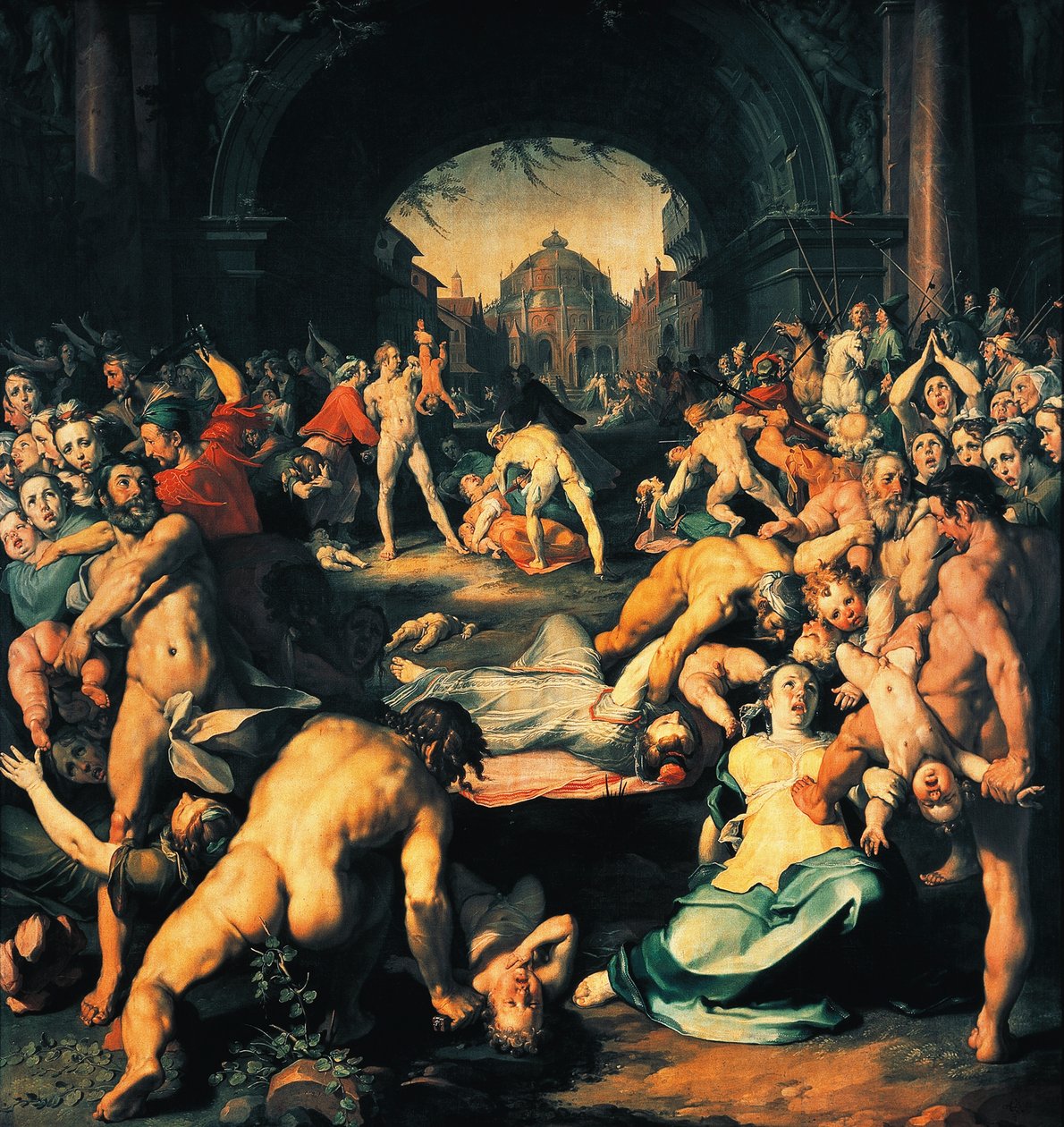 无辜者的屠杀》，三联画中央画板，科内利斯-科内利斯-范哈勒姆（1562-1638 年）创作 作者 Cornelis Cornelisz。范·哈勒姆