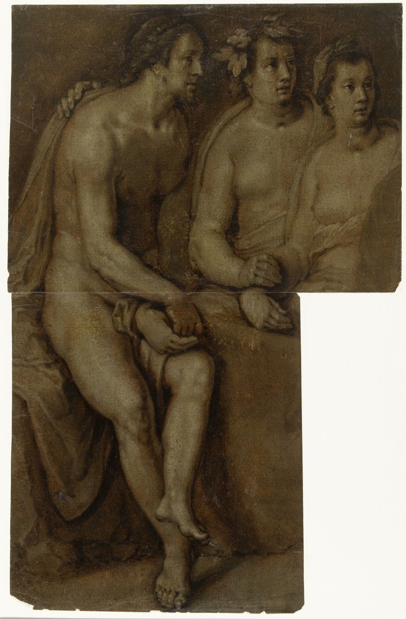 研究一名坐着的裸体男子和两名女子，半脸 作者 Cornelis Cornelisz。范·哈勒姆