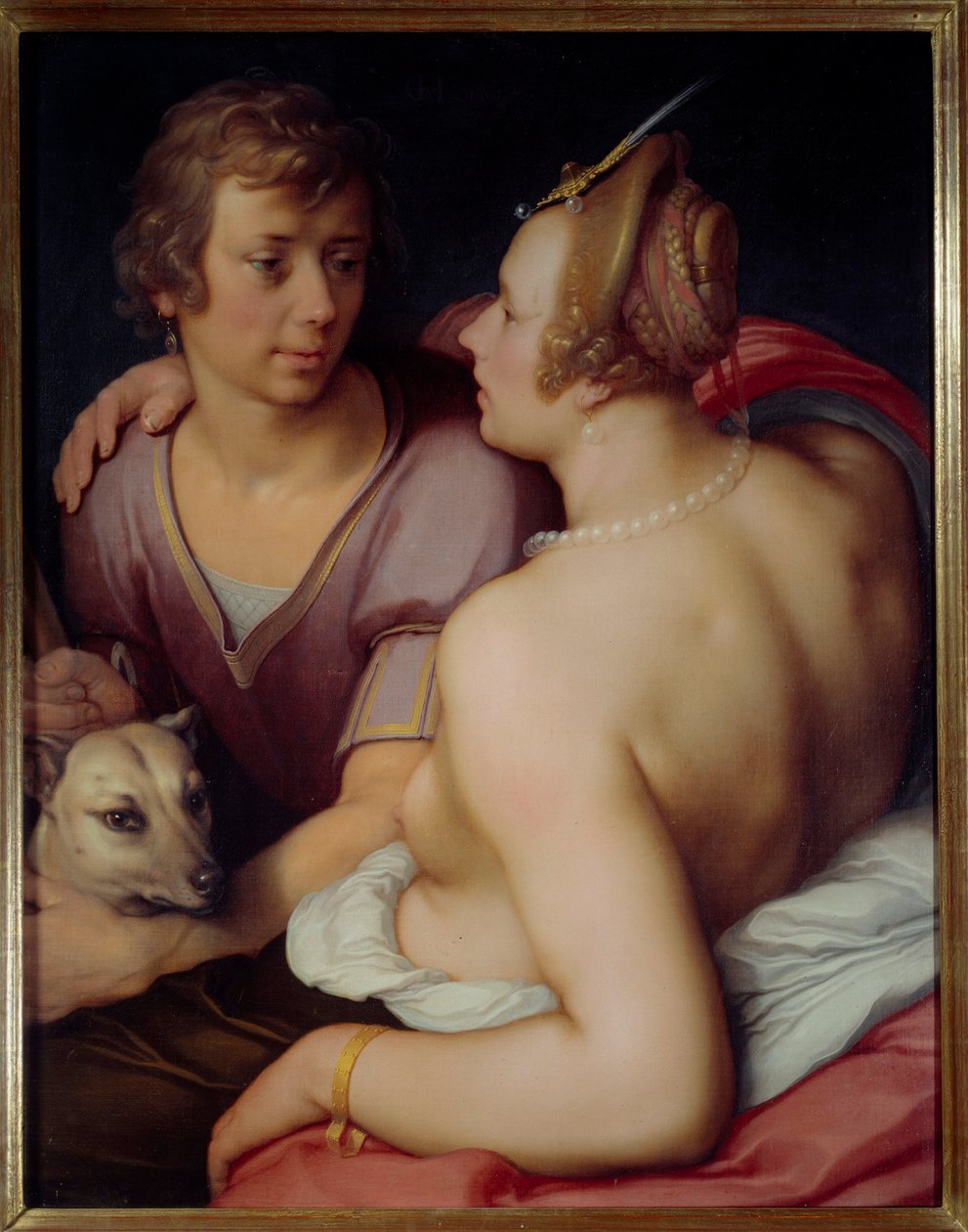 科内利斯·范·哈勒姆 (Cornelis Van Haarlem，1562-1638 年) 17 世纪的《维纳斯和阿多尼斯》。 0,95x0,74 m 卡昂，美术博物馆 作者 Cornelis Cornelisz。范·哈勒姆