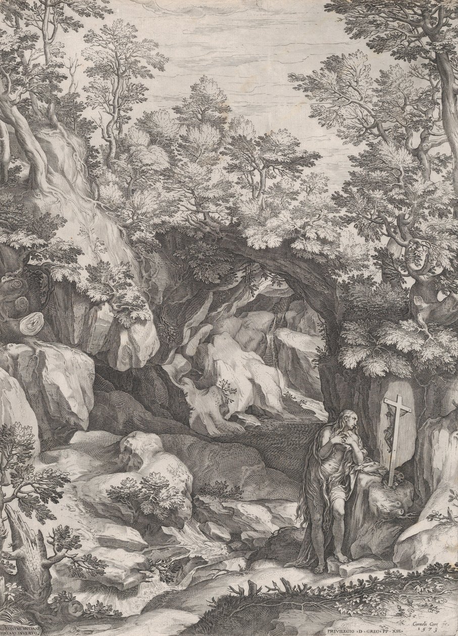抹大拉的玛丽在旷野中忏悔，1573年。 作者 科尼利斯·科尔特（Cornelis Cort）
