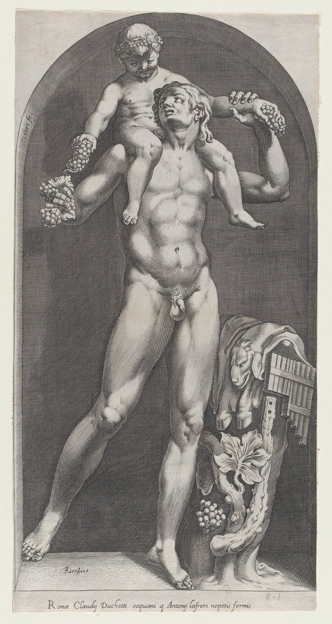 Speculum Romanae Magnificentiae：Bacchus on the Shoulders of a Satyr, 16th century. 作者 科尼利斯·科尔特（Cornelis Cort）