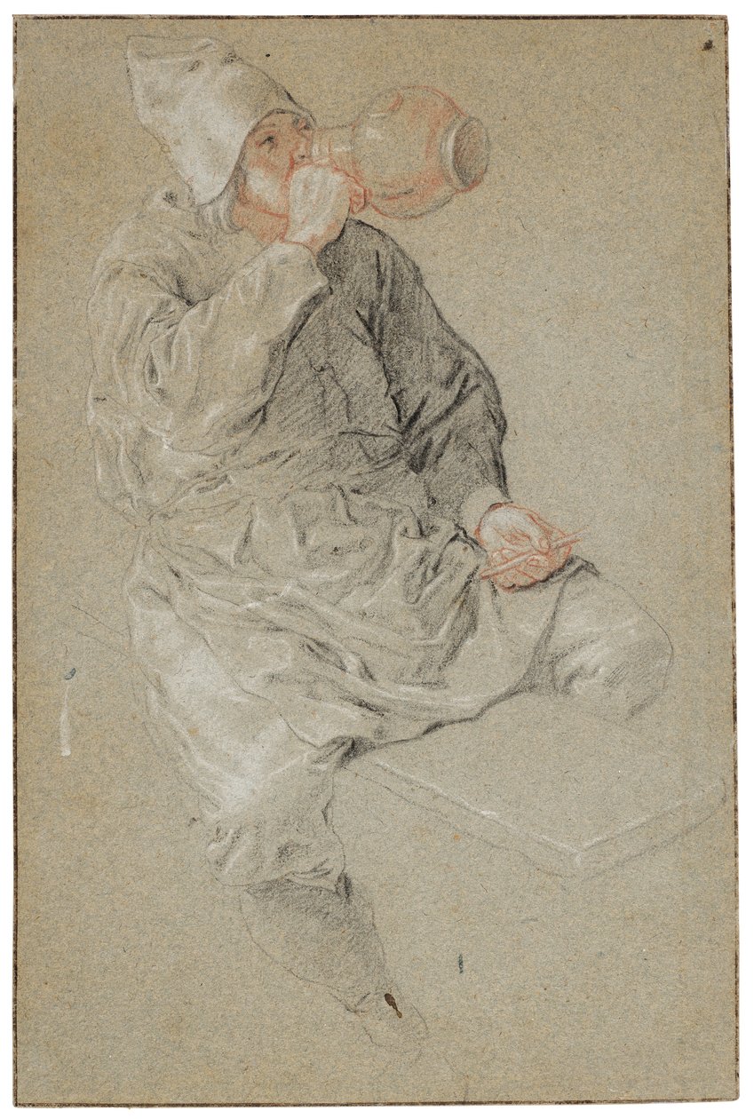 手持烟斗的男子坐着用陶罐喝酒（纸上粉笔画） 作者 科尼利斯·杜萨特