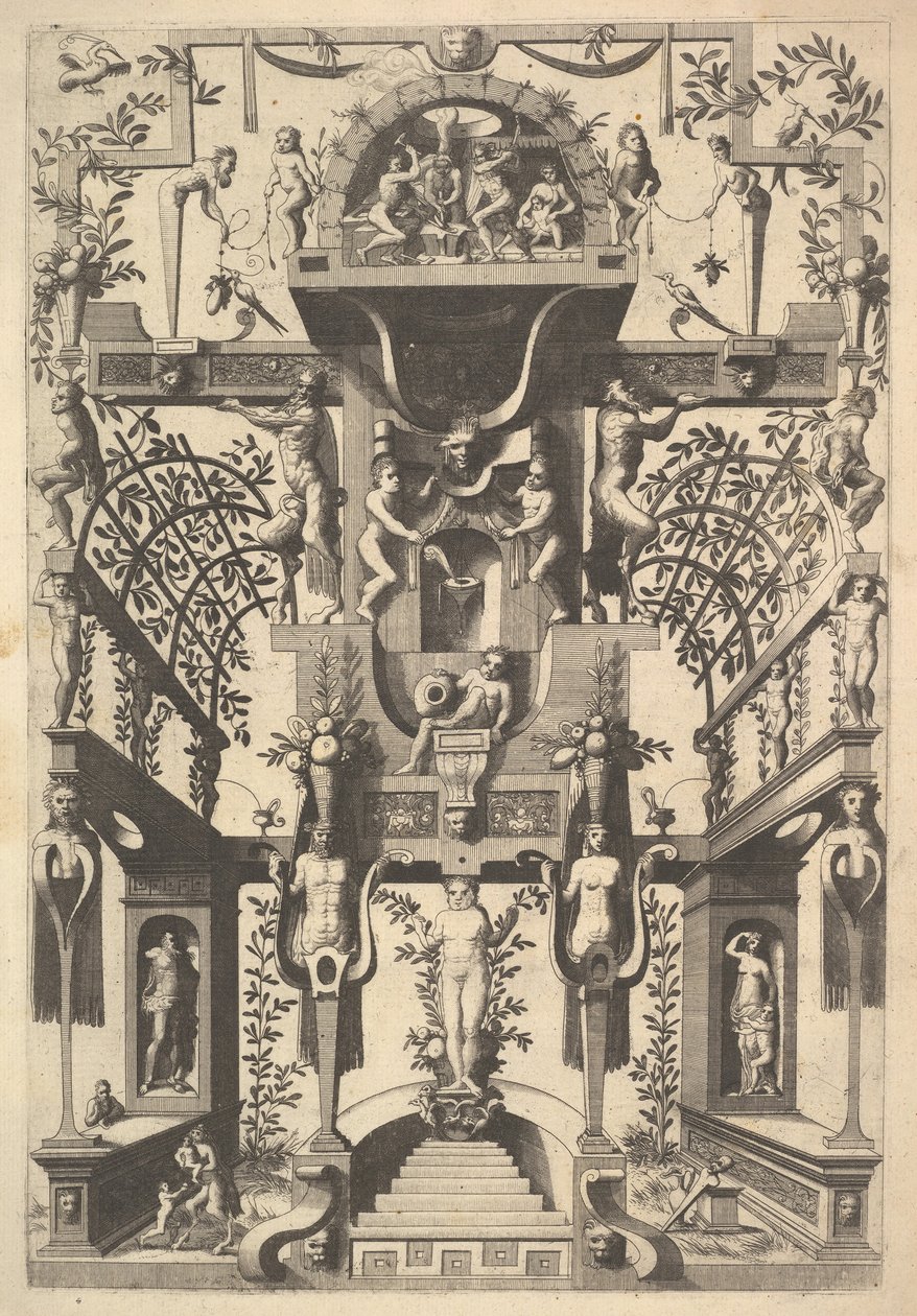 梦幻般的建筑结构，有带子和两个凉棚，还有一个小场景，有Vu...，1557年。 作者 Cornelis Floris II