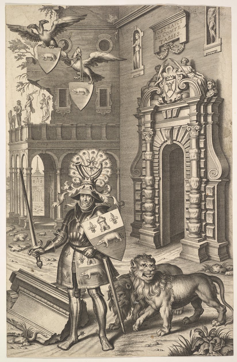 塔西斯伯爵的寓言式画像，出自让-雅克-希弗莱的《Les marques ...》，1645年。 作者 科内利斯·加勒 I.