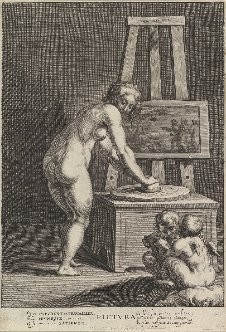 Pictura：绘画的寓言，中间是一个裸体女人在磨颜料，两页，约1610-50。 作者 科内利斯·加勒 I.