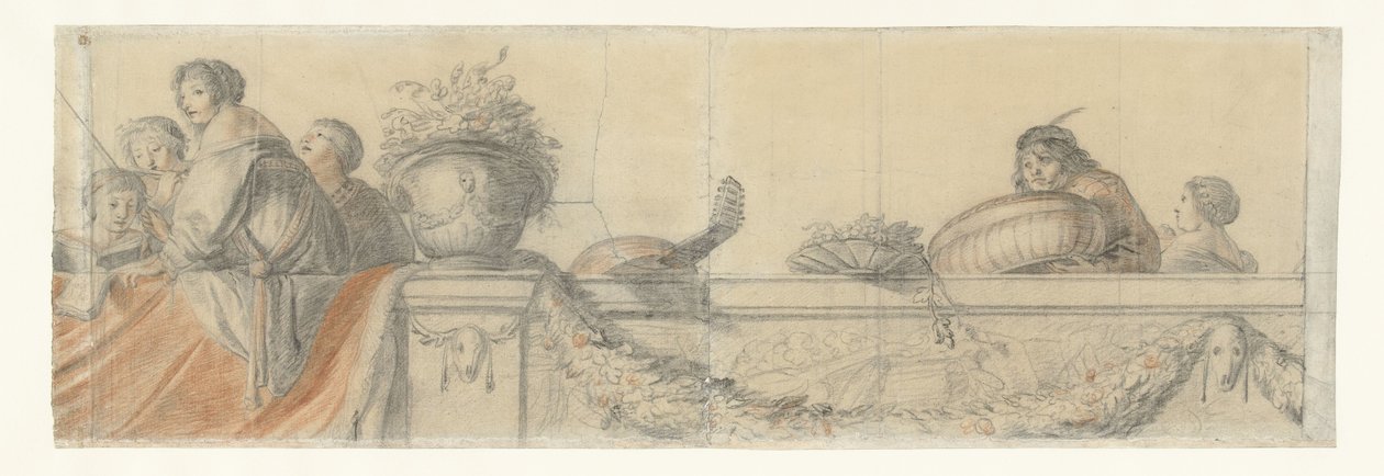 有花饰的栏杆上的人
Honselaersdijk 城堡壁画设计（系列标题） 作者 科内利斯荷尔斯泰因