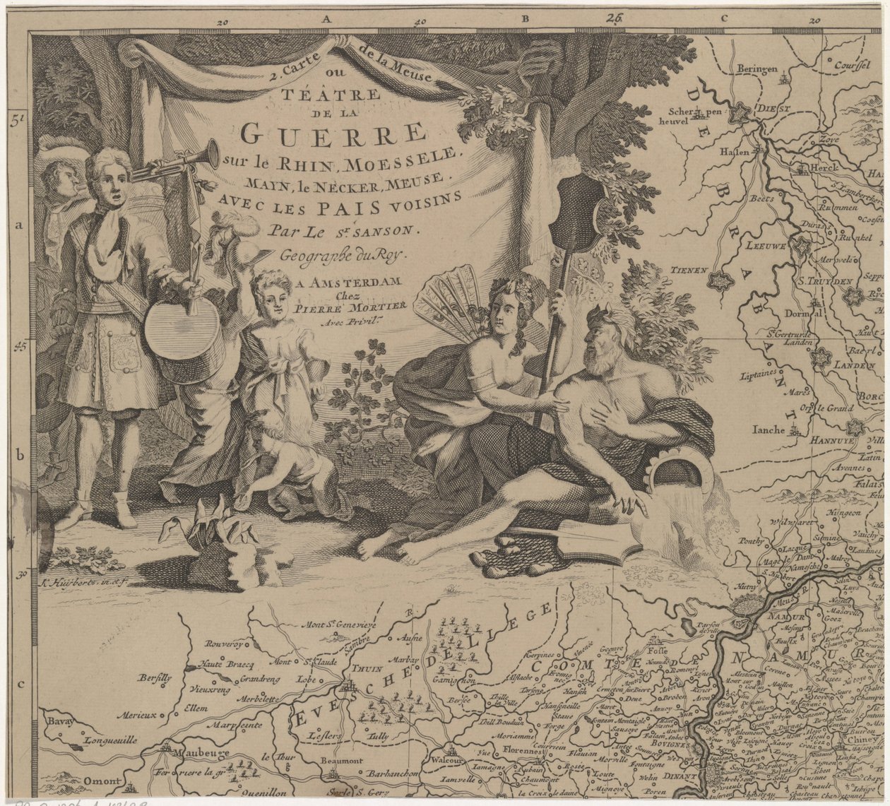 布鲁塞尔东部和南部地区以及那慕尔县地图（左上页）
Carte de la Meuse ou Téâtre de la Guerre sur le Rhein, Moessele, Mayn, le Necker, Meuse avec les pais voisins（标题在实物上） 作者 科内利斯·休伯特