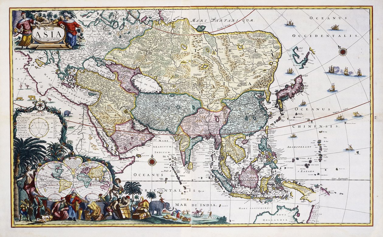 亚洲地图，c.1696（手绘彩色雕刻） 作者 科内利斯三世丹克特