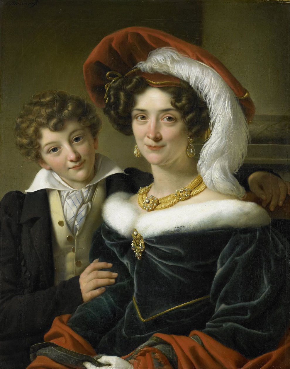 鲁道夫娜·威廉明娜·伊丽莎白·德·斯图勒 (Rudolphina Wilhelmina Elizabeth de Sturler)（1798-1873 年），约翰内斯·范登博斯伯爵的第二任妻子及其儿子理查德·列文哈特 (Richard Leeuwenhart) 作者 Cornelis Kruseman（归属于工作室）