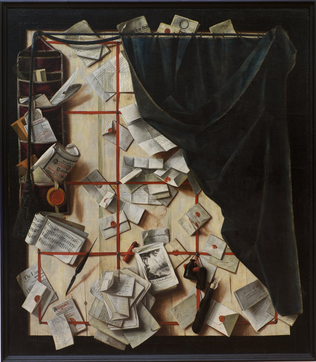 错落有致带字母架和音乐书的木板隔板 作者 Cornelis Norbertus Gijsbrechts