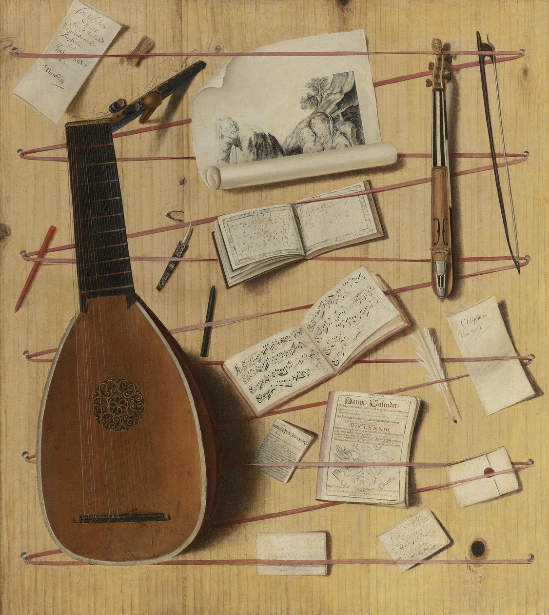 Trompe loeil带有琵琶，丽贝克和乐谱的静物画 作者 Cornelis Norbertus Gijsbrechts