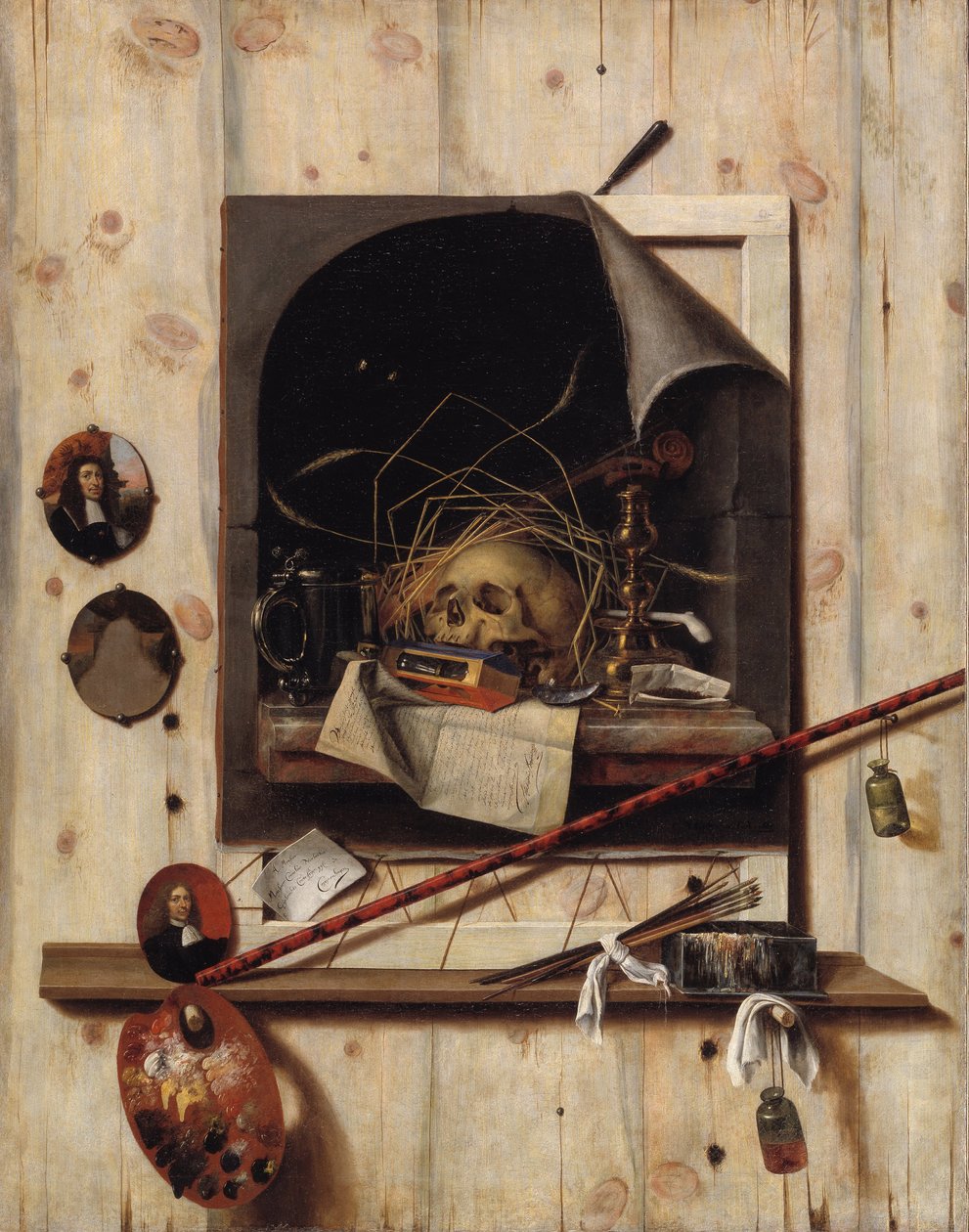 带工作室墙和Vanitas静物的Trompe loeil，1668年 作者 Cornelis Norbertus Gijsbrechts