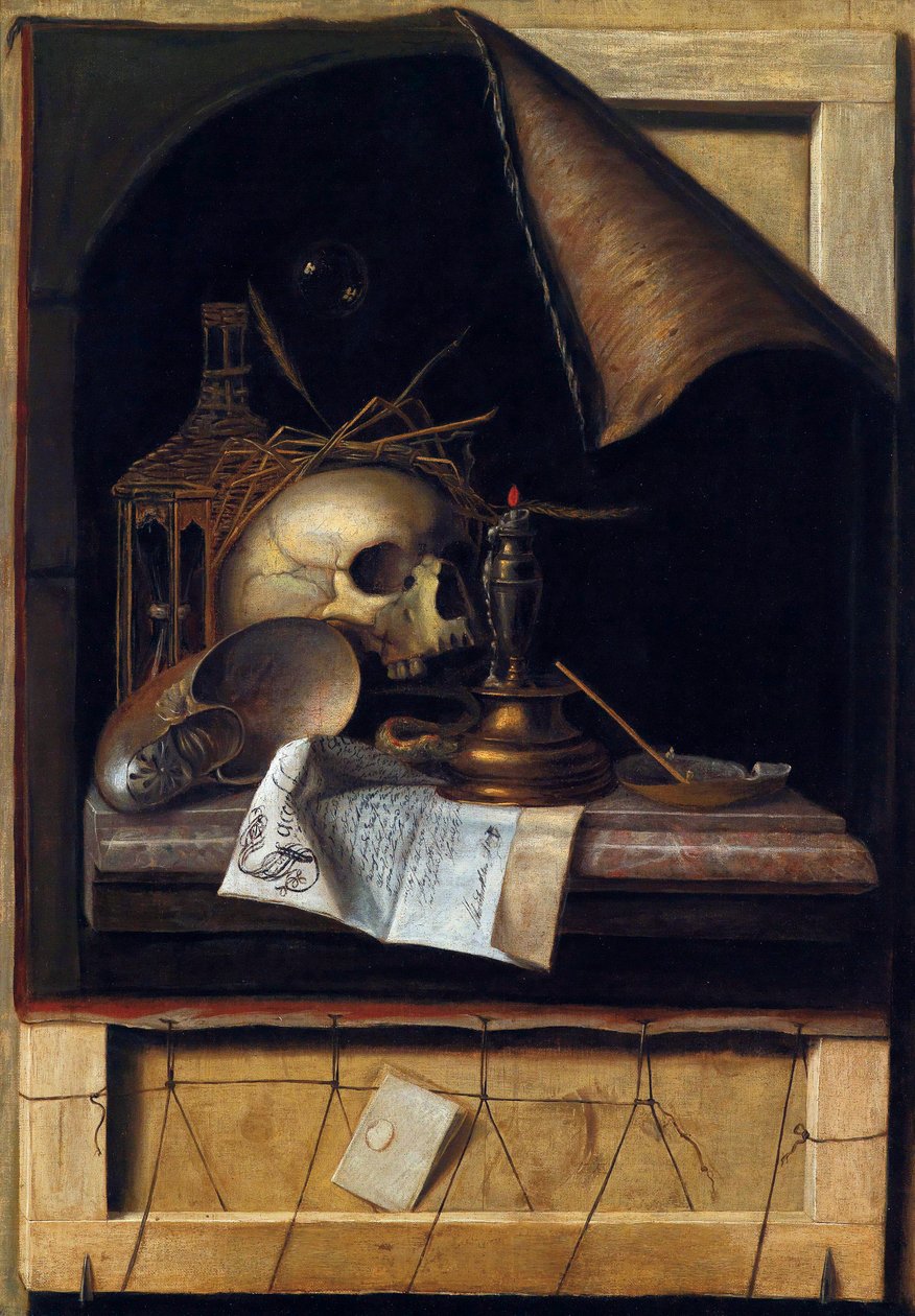 "消失的自然》（Vanitas静物） Cornelis Norbertus Gysbrechts或Gijsbrechts（1630 - 1675）的绘画作品 布面油画 Dim 89x62 cm 私人收藏 作者 科内利斯·诺伯特·吉斯布雷希茨
