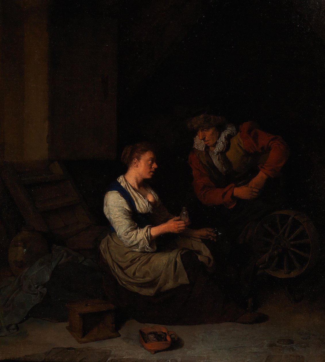 一个骑兵和一个在纺车上的女人，1662年。 作者 Cornelis Pietersz。贝加