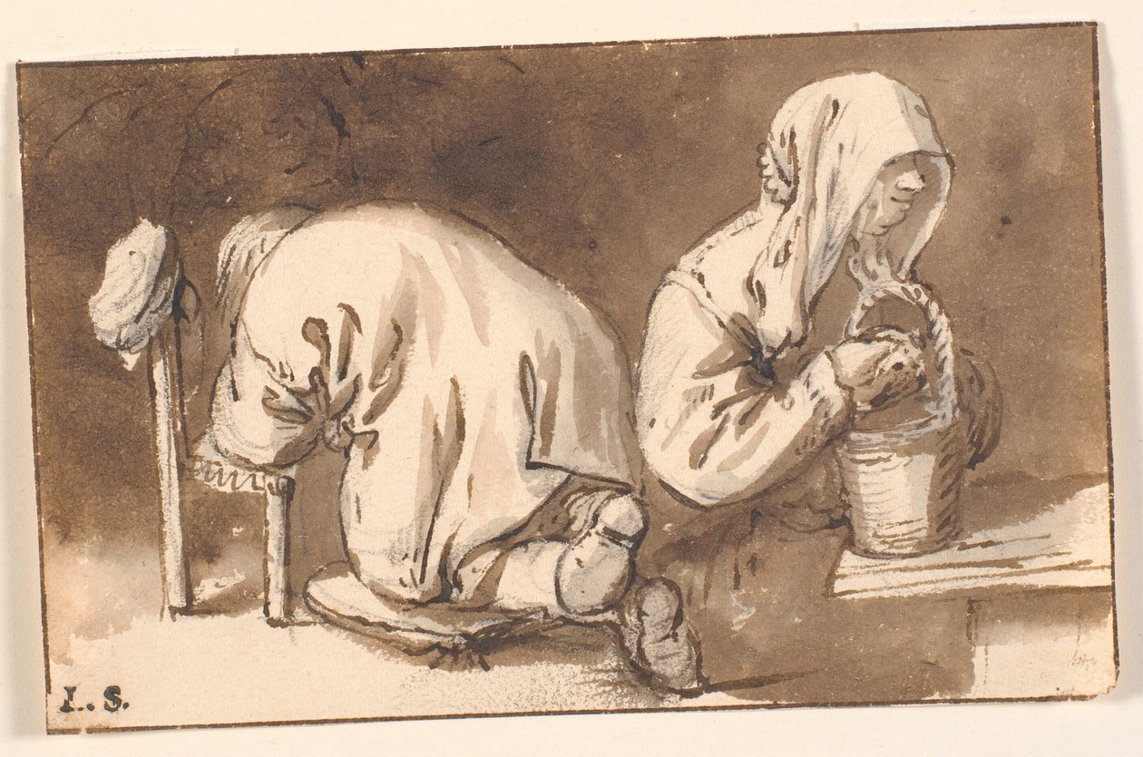 跪着的男人和提着篮子的女人 作者 Cornelis Pietersz Bega