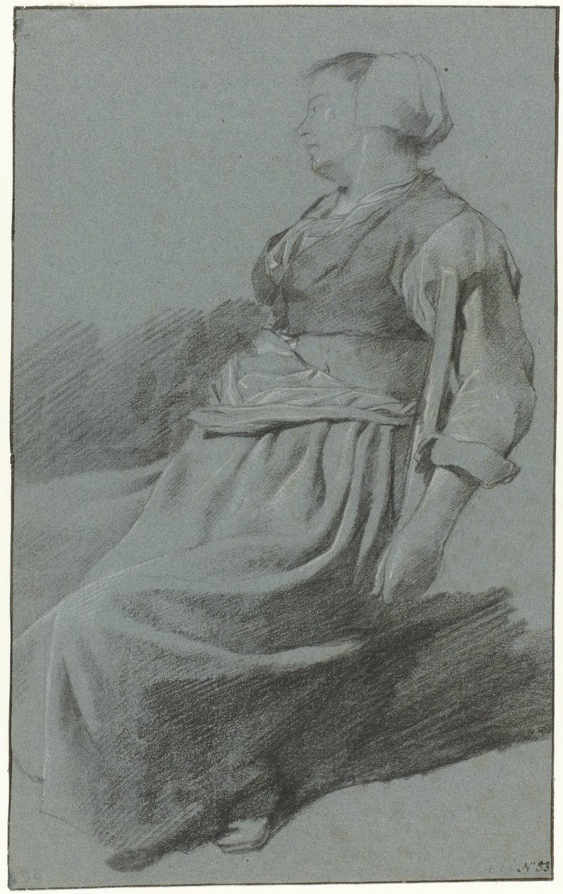 坐着的妇女，面向左侧，戴着帽子，手臂搭在左侧椅背上 作者 Cornelis Pietersz。贝加