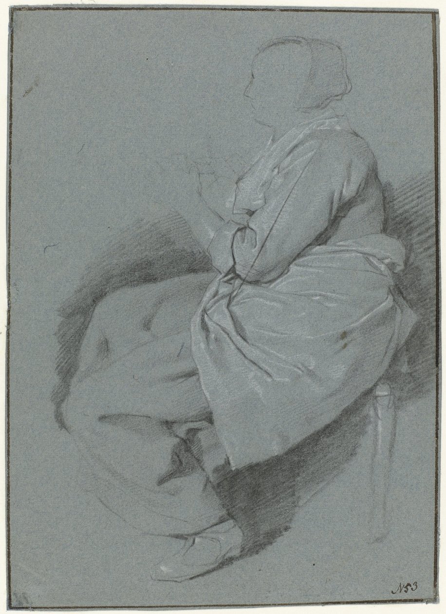 左侧剖面坐着的妇女，身穿围裙 作者 Cornelis Pietersz。贝加