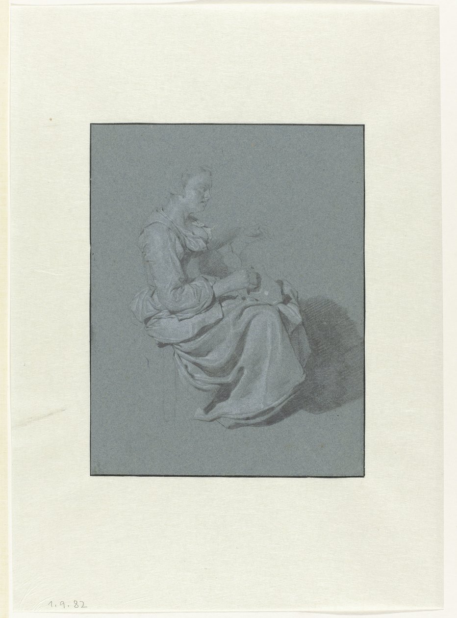 坐着的女人，侧面向右，右手拿着一个投壶 作者 Cornelis Pietersz。贝加