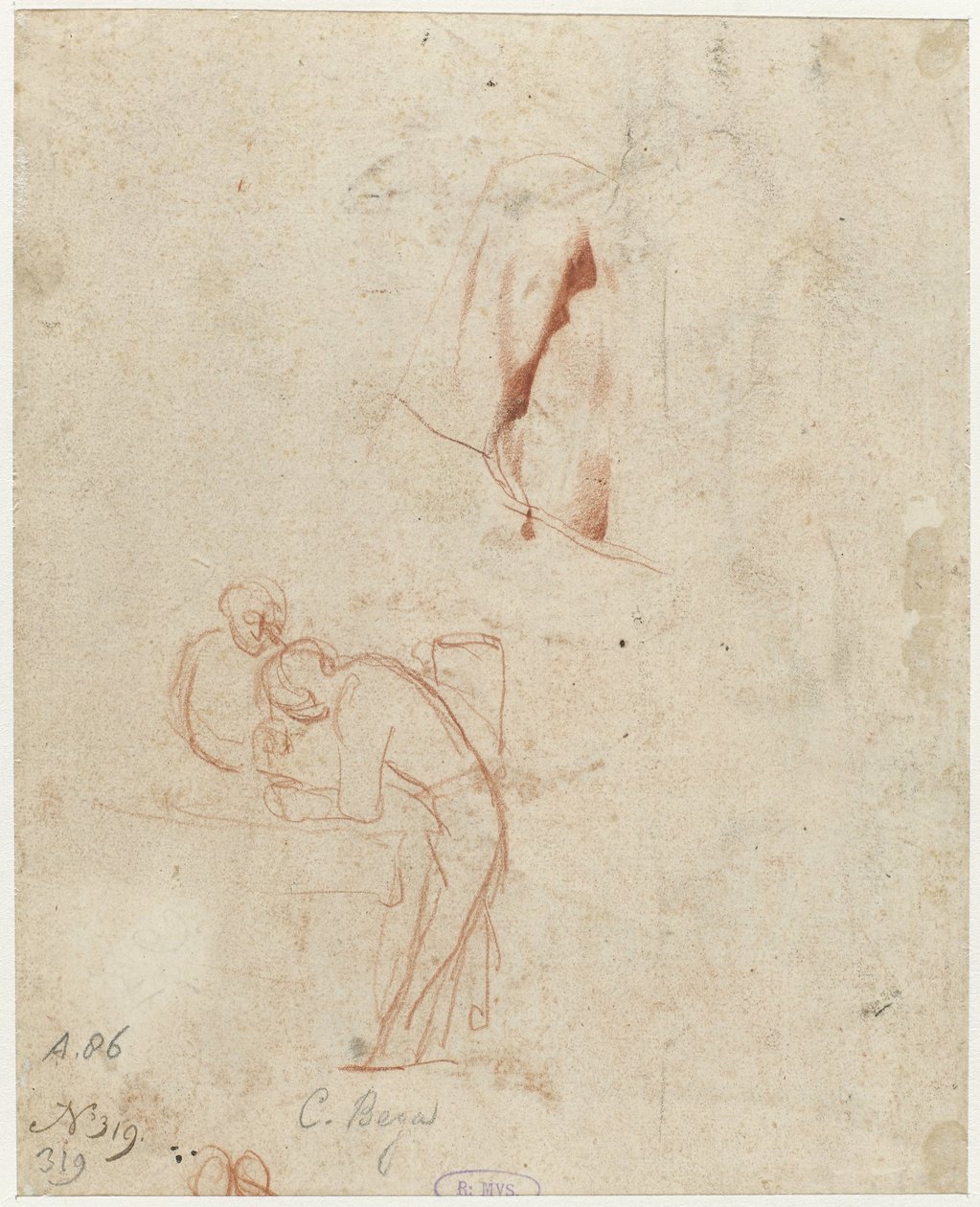 两个站立人物的素描和帷幔研究 作者 Cornelis Pietersz。贝加