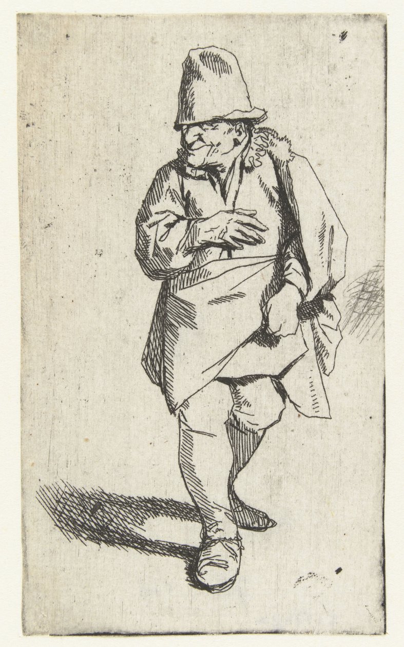 戴高帽或礼帽的站立男子，右手放在胸前 作者 Cornelis Pietersz。贝加