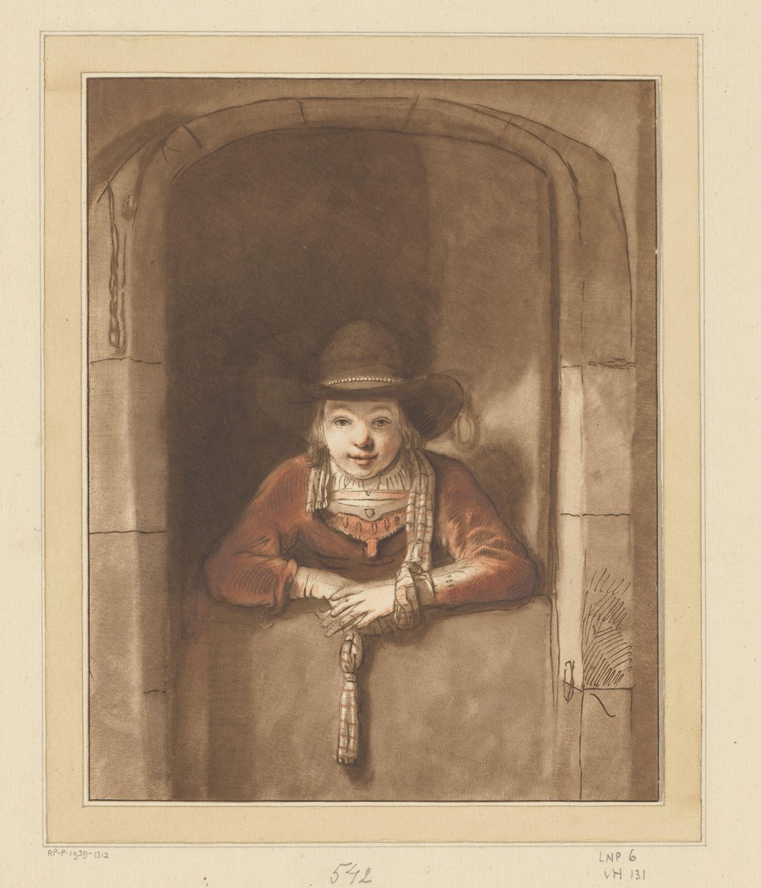 男孩靠在底门上 作者 Cornelis Ploos van Amstel（艺术家签名）