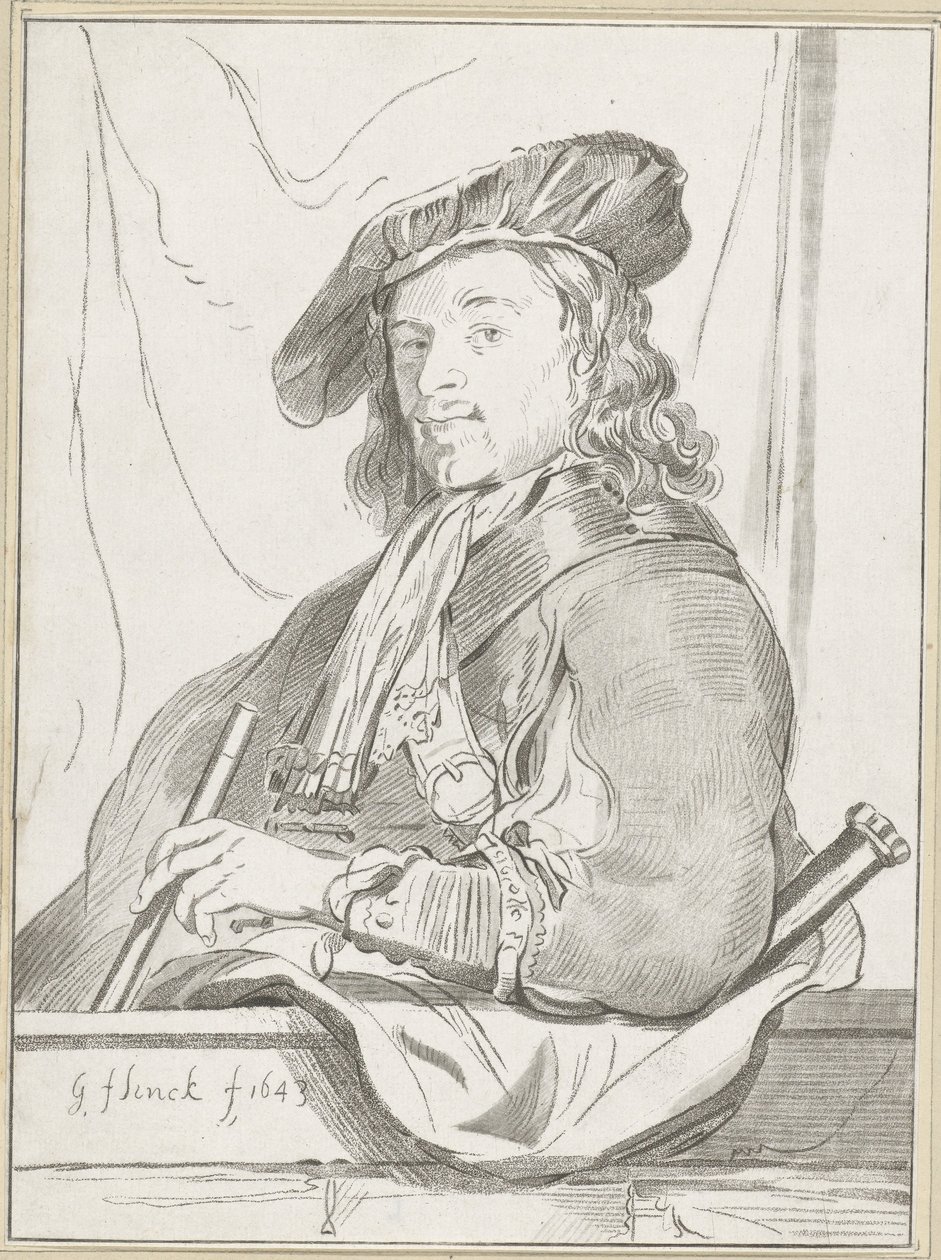 栏杆前的男子 作者 Cornelis Ploos van Amstel（艺术家签名）