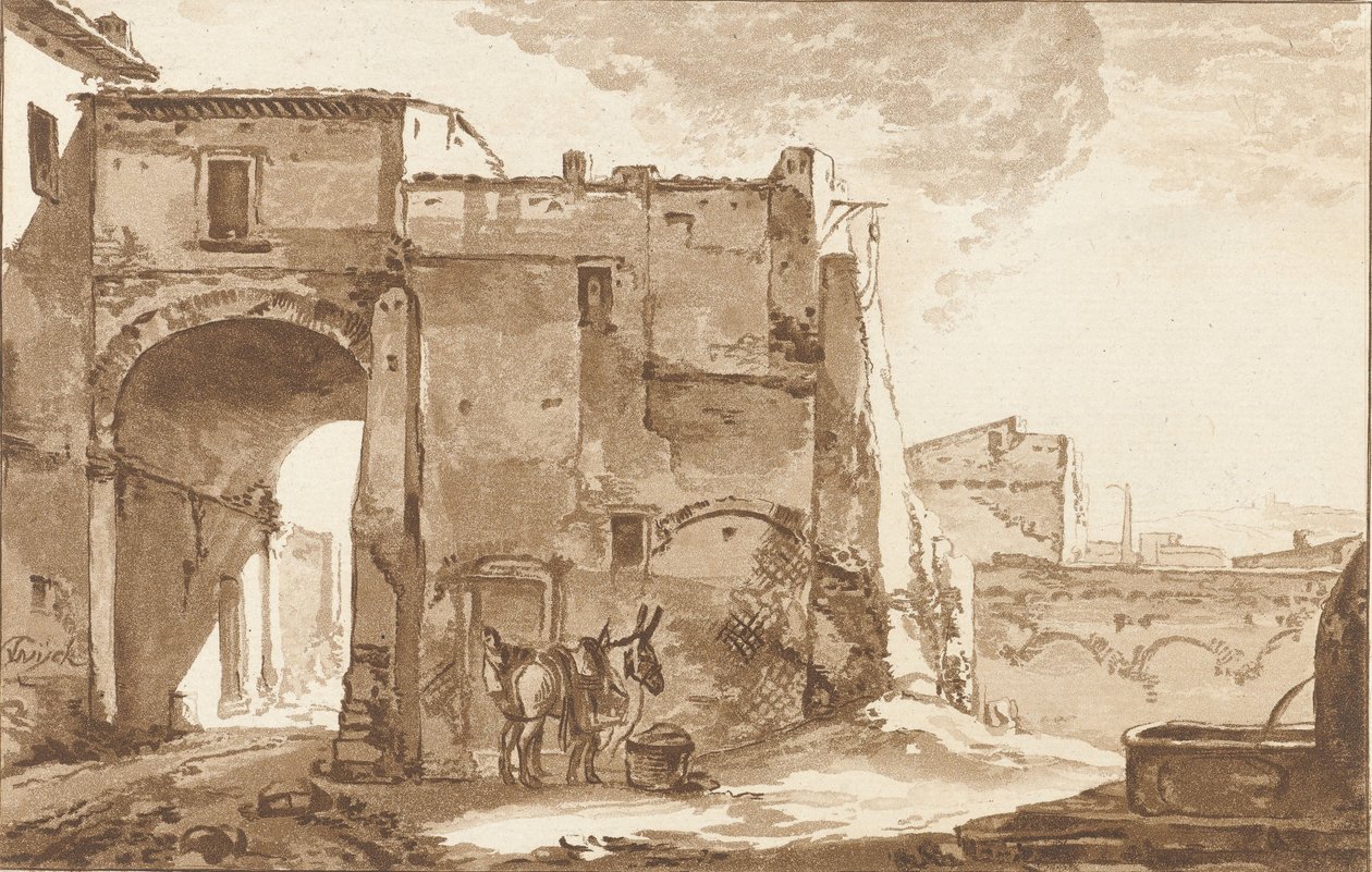 带着旅行者和骡子的大门 作者 Cornelis Ploos van Amstel（艺术家签名）