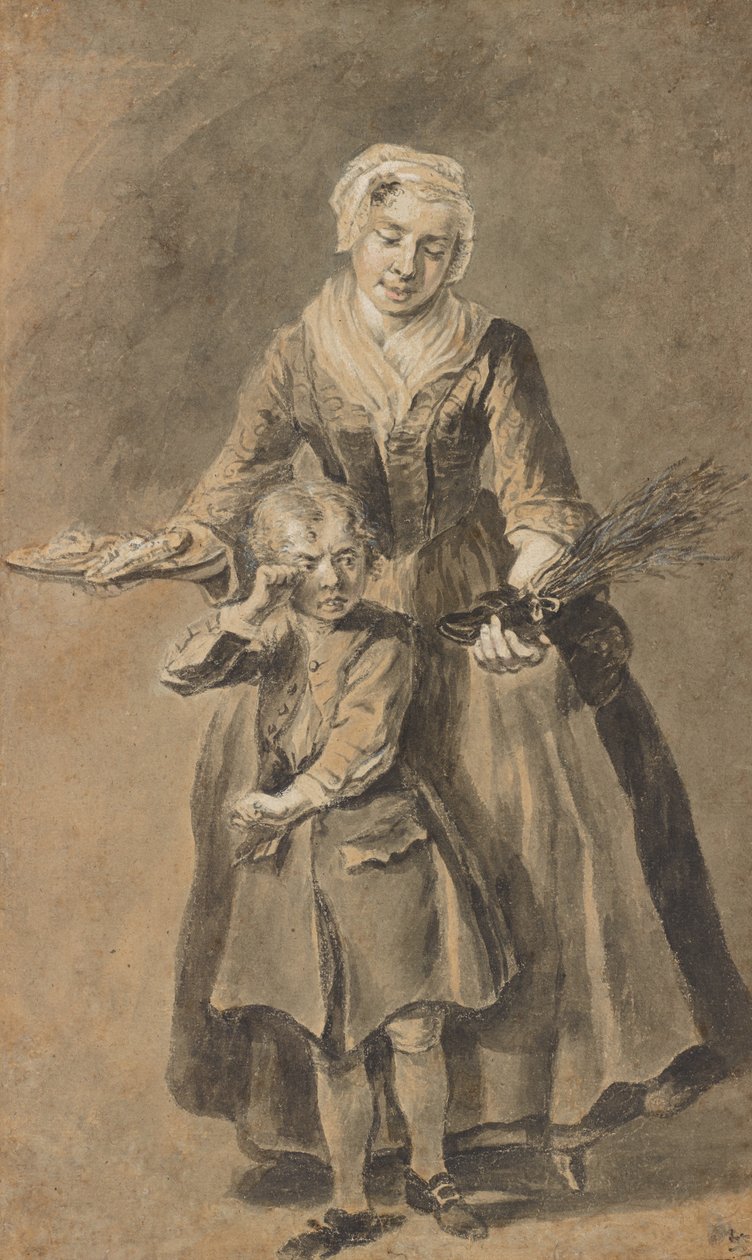 一位妇女向哭泣的男孩展示他的开关鞋 作者 Cornelis Troost