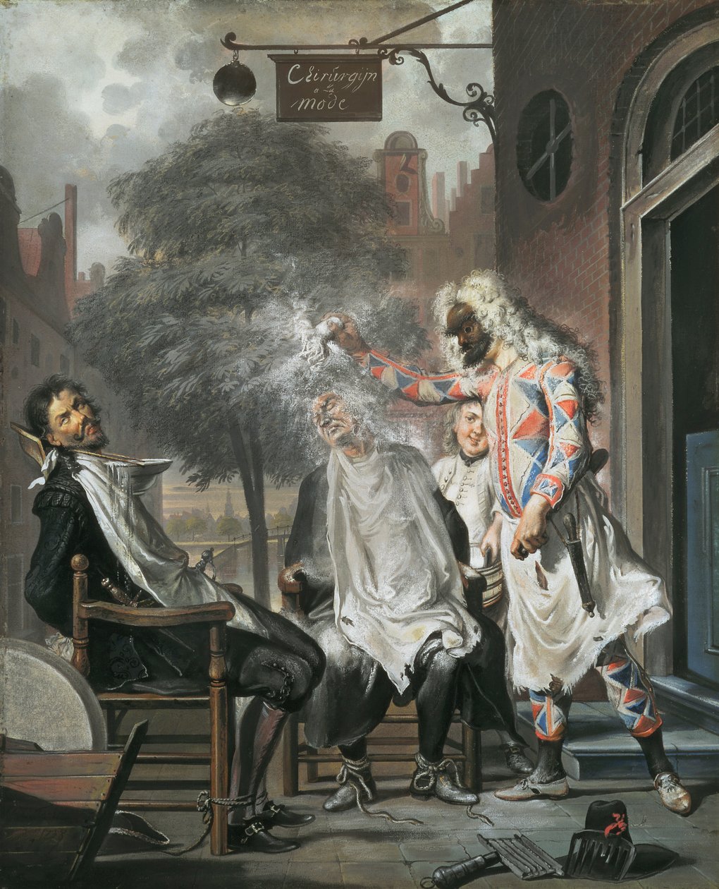 丑角，魔术师和理发师：竞争对手暴露，1738年 作者 Cornelis Troost