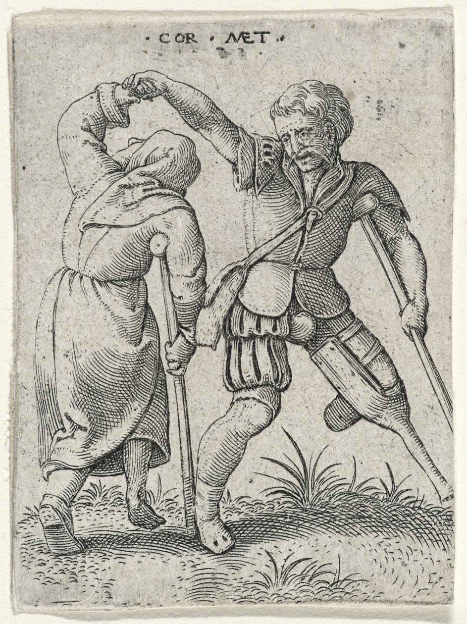 一个男人用木腿转动一个瘸腿的女人在他的胳膊下，1572年（雕刻在纸上） 作者 Massys之后的Cornelis
