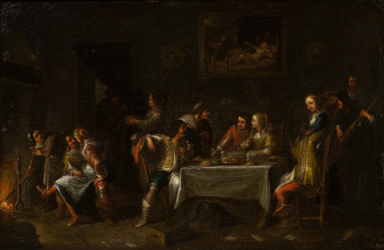 围桌而坐的女士们先生们，c.1612-67（油画、画布和纸） 作者 Cornelis de (attr. to) Wael