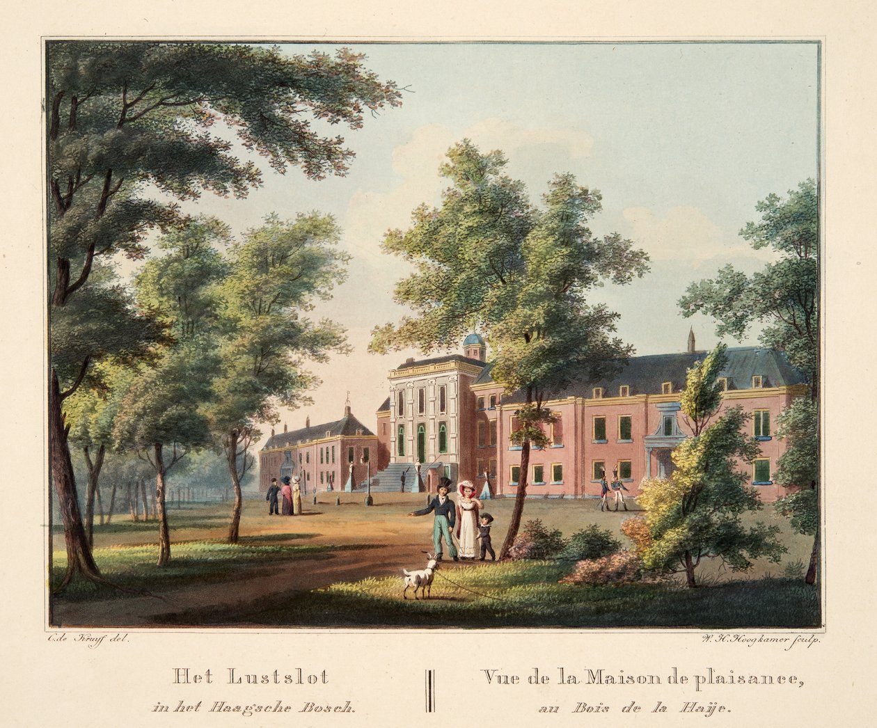 Haagsche Bosch的Lustslot。 Vue de la Maison de plaisance，Bois de la Haije，1825年（手工彩色雕刻） 作者 科尼利斯·德克鲁伊夫
