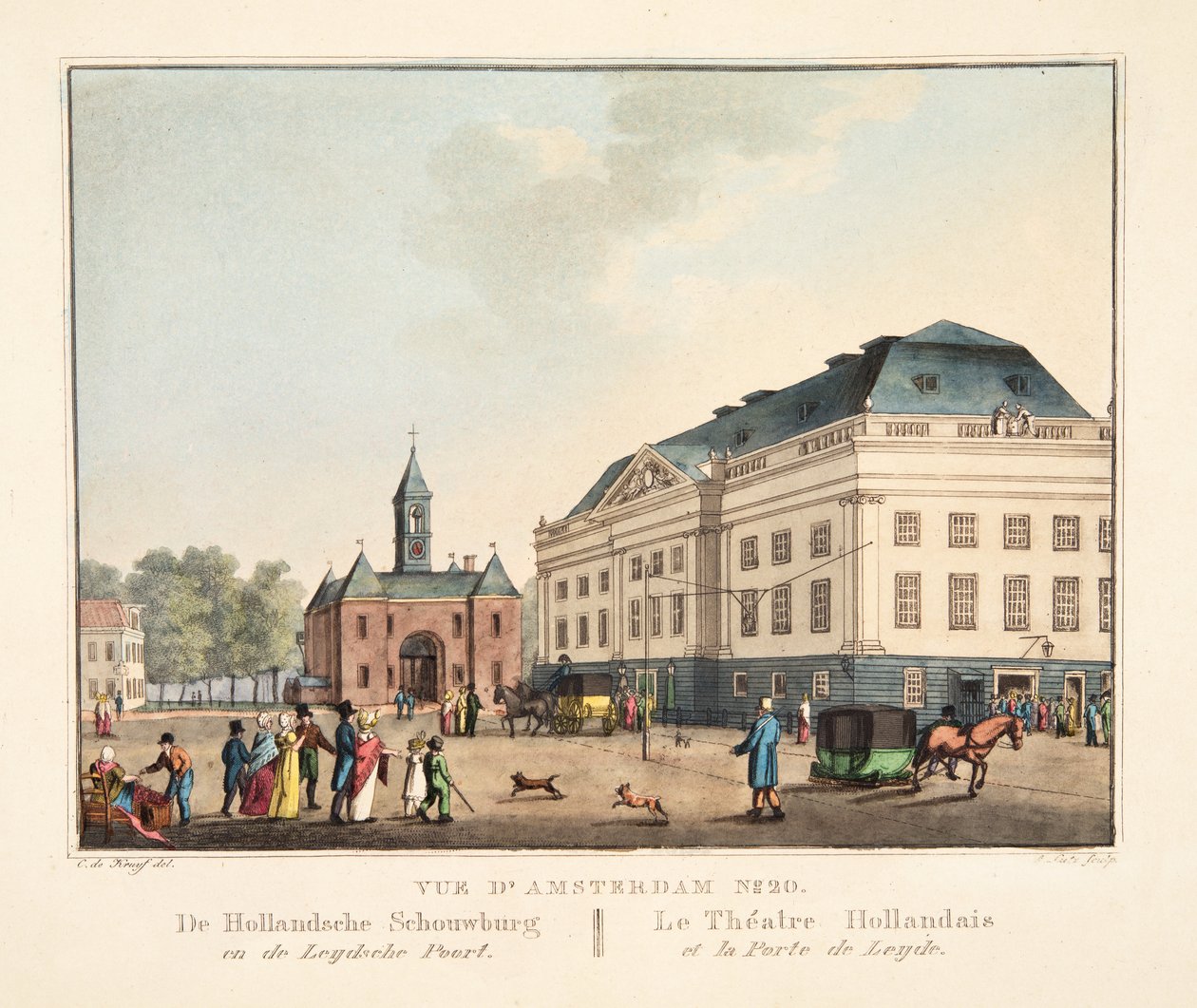 阿姆斯特丹No.20的视图。从Hollandsche Schouwburg en de Leydsche Poort出发。荷兰剧院和莱顿港，1825年（手工彩色雕刻） 作者 科尼利斯·德克鲁伊夫