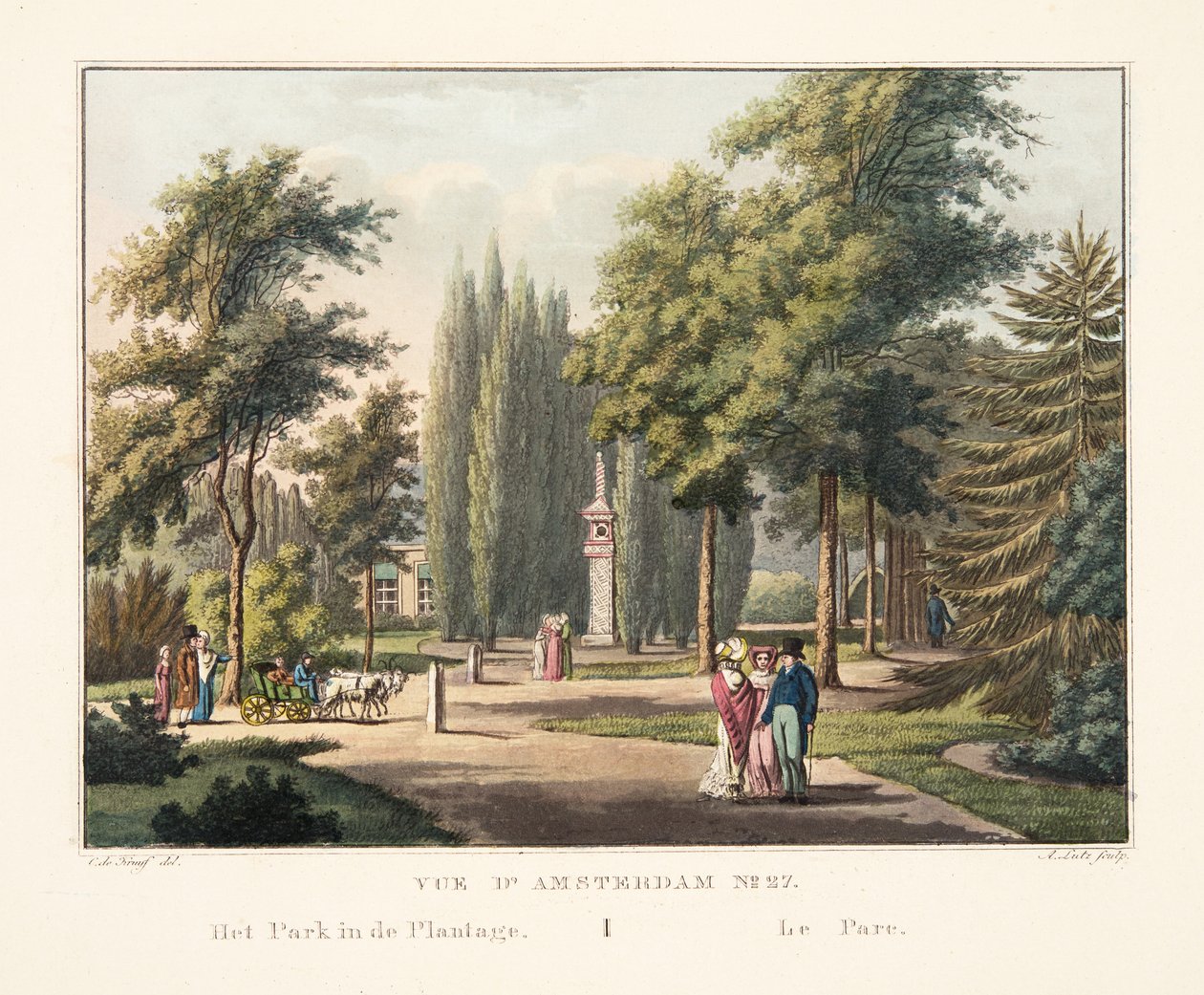 Vue d&39;Amsterdam No.27。种植园中的公园。 Le Parc，1825年（手工彩色雕刻） 作者 科尼利斯·德克鲁伊夫