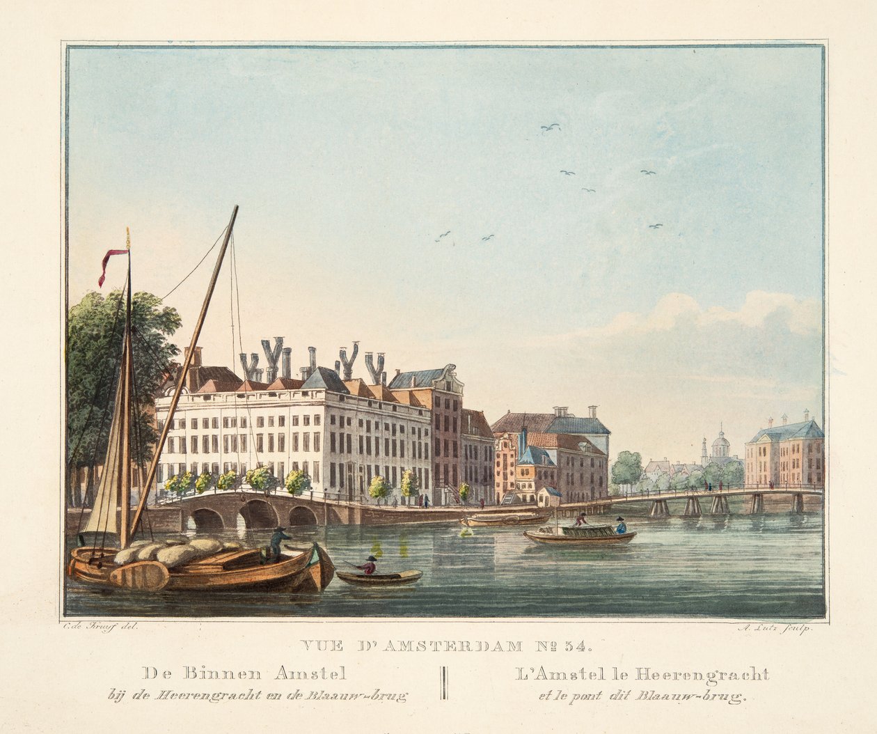 Vue d&39;Amsterdam No.34。 Heenrengracht的Binnen Amstel和Blaauw桥。 L&39;Amstel le Heerengracht et le pont this Blaauw bridge，1825（手工彩色雕刻） 作者 科尼利斯·德克鲁伊夫