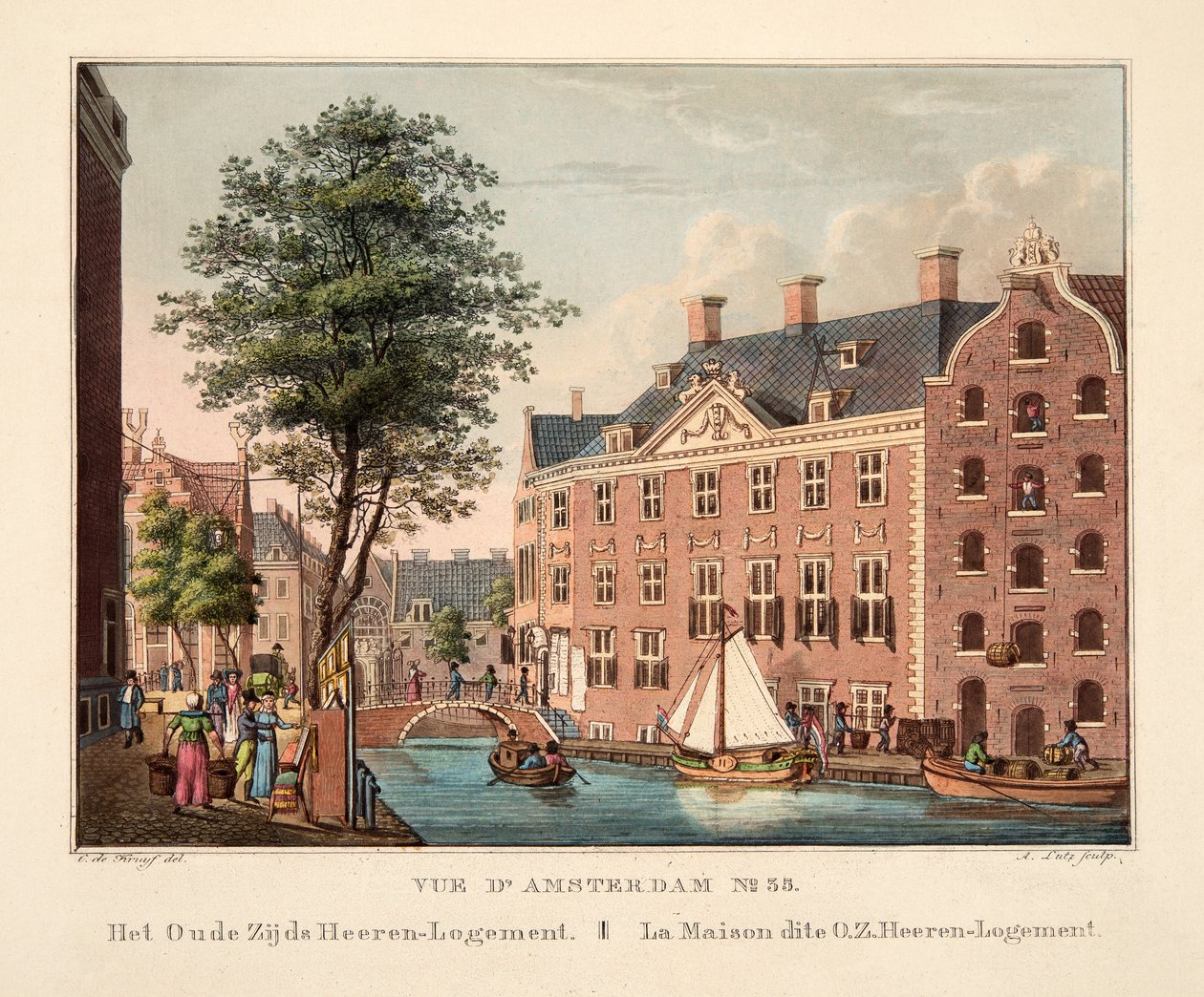 Vue d&39;Amsterdam No.35。 Oude Zijds Heeren-Logement。 La Maison Dite OZ Heeren-Logement，1825年（手工彩色雕刻） 作者 科尼利斯·德克鲁伊夫