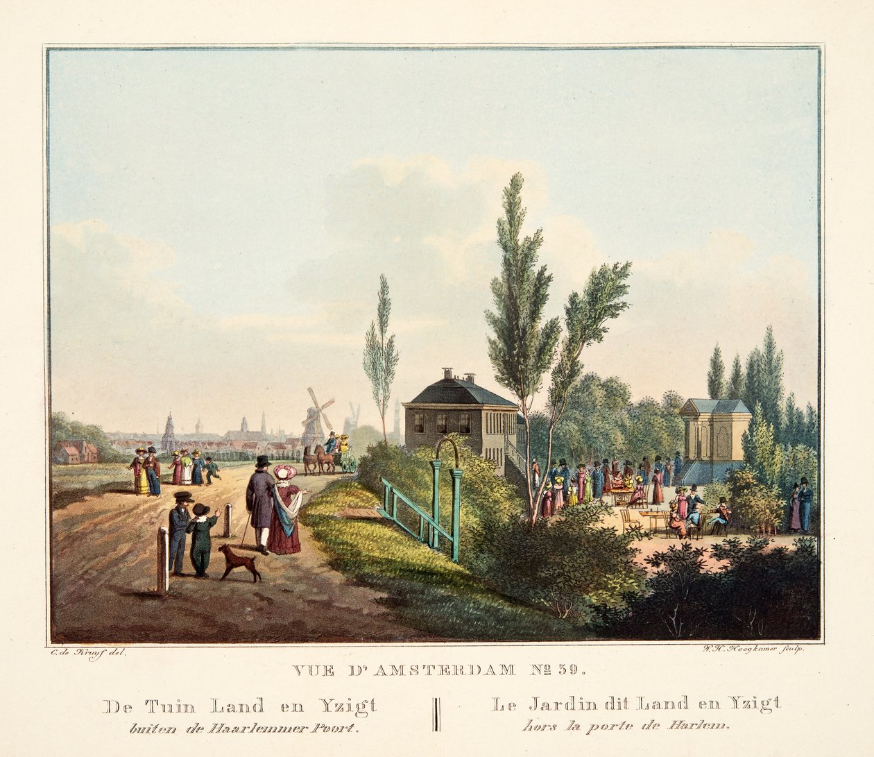 Vue d&39;Amsterdam No.39。 Haarlemmer Poort外的Garden Land和Yzigt。 Le Jardin这片土地和Yzigt hors la porte de Harlem，1825年（手工彩色雕刻） 作者 科尼利斯·德克鲁伊夫